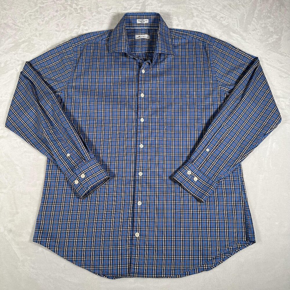 Peter Millar Shirt Men Size L Blue Plaid Long Sleeve Single Pocket Button Up EUC